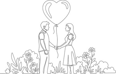 Minimalist single line drawing depicts a loving couple holding hands beneath a large heart shaped balloon in a field of flowers
