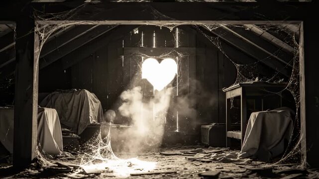 Light Shines Through Heart Cutout in Dusty Attic Window With Cobwebs
