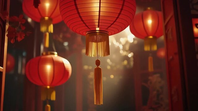 Red Chinese lanterns glowing indoors during Lunar New Year