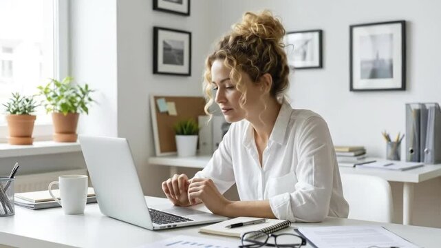 A smiling young woman with curly hair is comfortably seated at a modern, minimalist white desk, diligently engaged with her laptop. Bathed in soft natural light streaming from a window, she appears fo