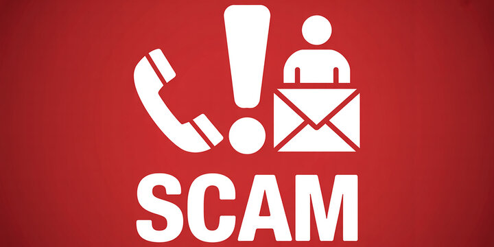 White icons of phone, exclamation mark, and person with envelope on red background with SCAM - Powered by Adobe