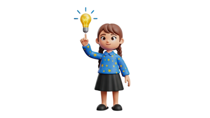3D Girl with a bright idea lightbulb on transparent background