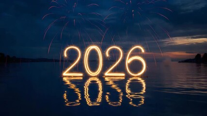 Vibrant fireworks display over serene lake with glowing 2026 numbers