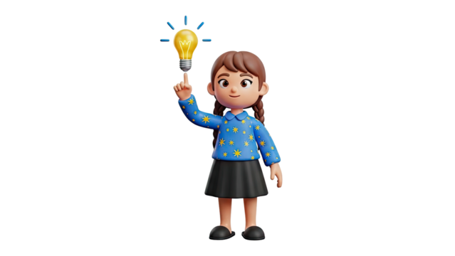 3D Girl with a bright idea lightbulb on transparent background - Powered by Adobe