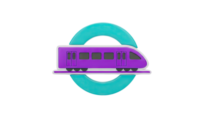 3D Purple Train Emblem with Turquoise Circular Elements on transparent background