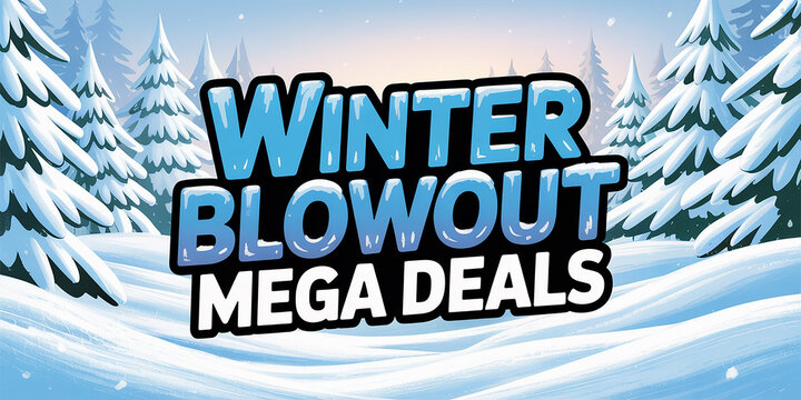 Winter Blowout Mega Deals text with a cartoonish snowy forest background sale - Powered by Adobe