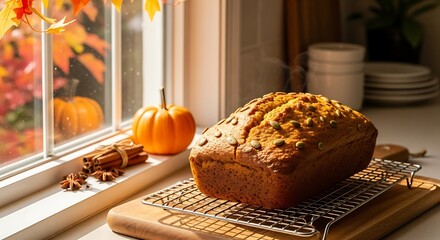 Freshly baked pumpkin bread with pumpkin and autumn leaves by window