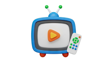 3D Cartoon TV with play button and remote control on transparent background