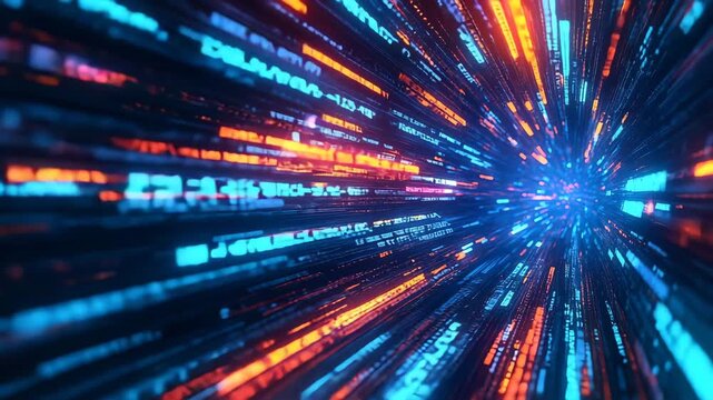 Futuristic data stream tunnel with glowing binary code, high-speed digital network flow, AI and cyber technology visualization.