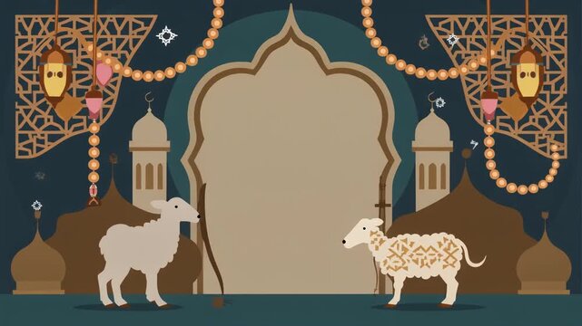 Eid al-Adha Celebration with Sheep and Mosque Illustration
