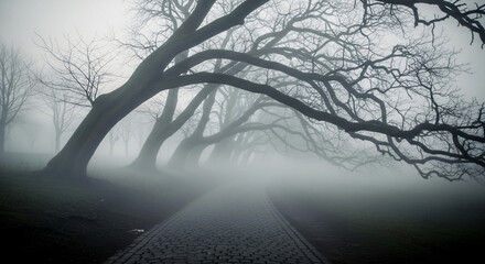 Obraz premium Cobblestone path lined with bare trees in thick fog