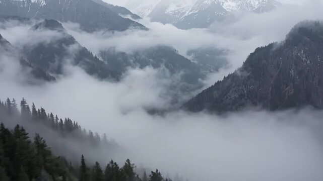 An breathtaking aerial panorama showcases a majestic mountain range shrouded in an ethereal blanket of swirling fog and low-hanging clouds. Verdant evergreen forests cling to the rugged slopes, partia
