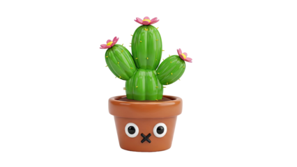 3D Cute Cartoon Cactus with Flowers in a Pot on transparent background