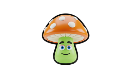 3D Cute cartoon mushroom character with happy face on transparent background