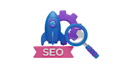 3D SEO Concept: Rocket, Magnifying Glass and Gear on transparent background