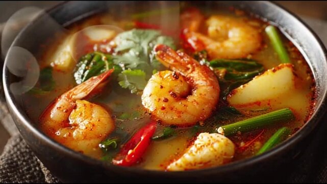 Authentic Tom Yum soup with shrimp, mushrooms, and aromatic herbs in a steaming bowl, showcasing traditional Thai cuisine with bold spicy and sour flavors