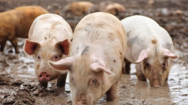 Several pink pigs wade through wet mud, ears up, noses muddy, under a rural farm setting. Under dawn