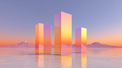 Abstract Golden Pillars Reflecting on Water at Sunset with Mountains in the Background