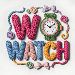 Cozy Crochet Typography Illustration of the Word Watch with Decorative Clock