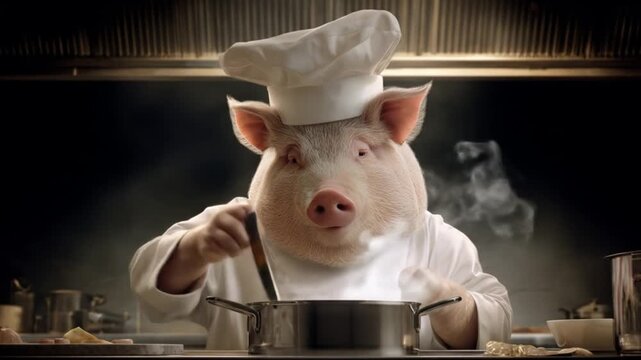 Pig chef in a white toque stirs a steaming pot as steam rises in a busy kitchen, warmly lit. Bright