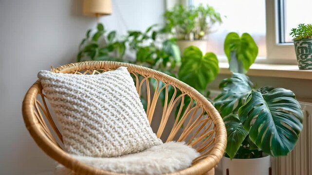 Interior of a room with a wicker chair.