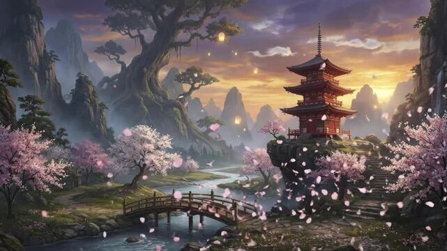 An enchanting, stylized landscape unfolds at dusk or dawn, showcasing a magnificent multi-tiered traditional structure reminiscent of a pagoda, nestled amidst towering, mystical mountains. Delicate pi