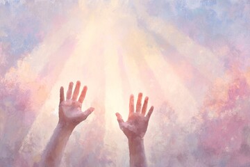 two hands raised towards the sky, with rays of light shining down on them. the background is a soft pastel color, with a sunrise lighting effec
