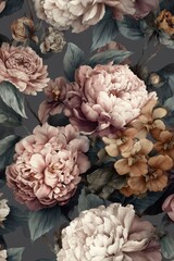 vintage floral pattern, large peonies and roses in soft pastel colors on a dark grey background