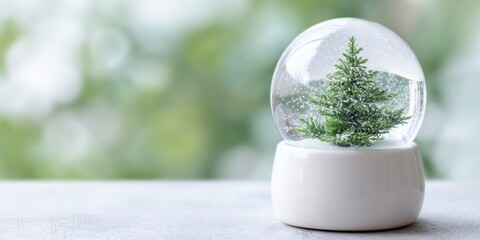 white ceramic small snow globe with green christmas tree branches inside on a blurred background, with space for copy.