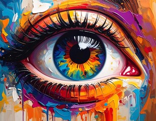 Close-up of a human eye in a burst of vibrant abstract colors