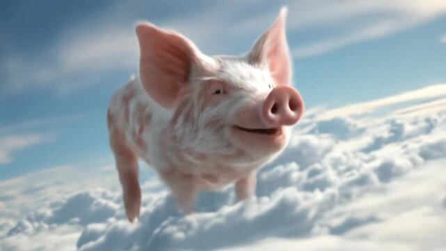 Floating piglet wings through bright blue sky above fluffy clouds curious and cheerful gleeful, wow