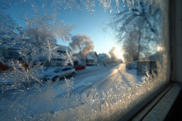 Frost patterns on window overlooking snowy suburban neighborhood at sunrise