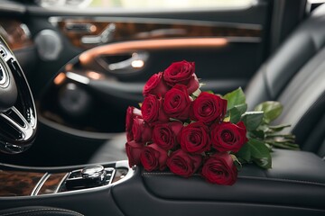 Valentine's day bouquet in a luxury car interior