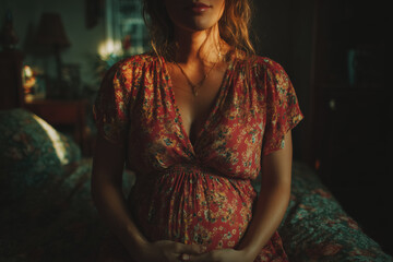 Young pregnant woman in floral dress sitting in dimly lit room