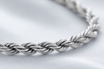 Elegant close-up of silver braided necklace on soft fabric background