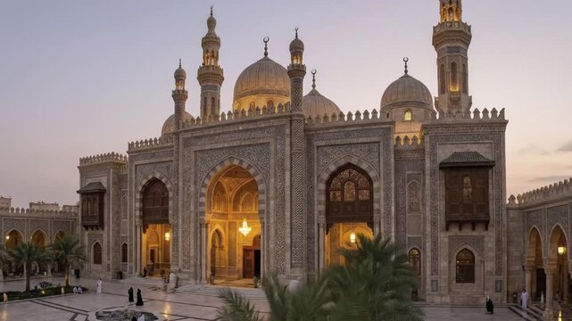 An exquisite architectural marvel stands illuminated against the soft twilight sky, showcasing its ornate domes, towering minarets, and a meticulously carved stone facade. Warm light emanates from wit
