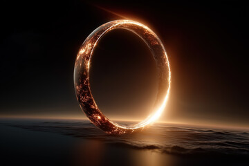 Glowing ring of fire hovering over water at sunset
