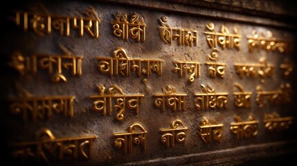 Ancient Sanskrit Inscription on Stone Tablet with Golden Text and Textured Background