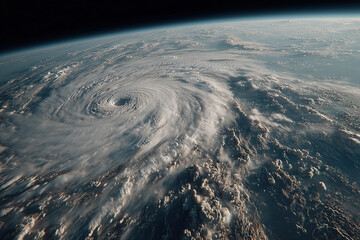 Satellite view of powerful hurricane over earth with spiraling clouds
