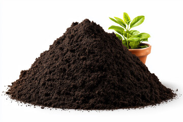 Pile of rich soil with young green plant in terracotta pot on white background