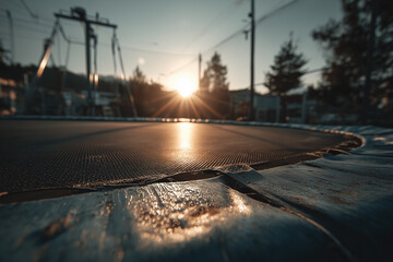 Trampoline surface at sunset in park with sunlight reflections