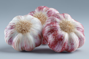 Close-up of three variegated garlic bulbs on gray background