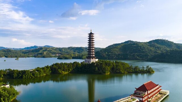 The Chinese style pagoda in the lake