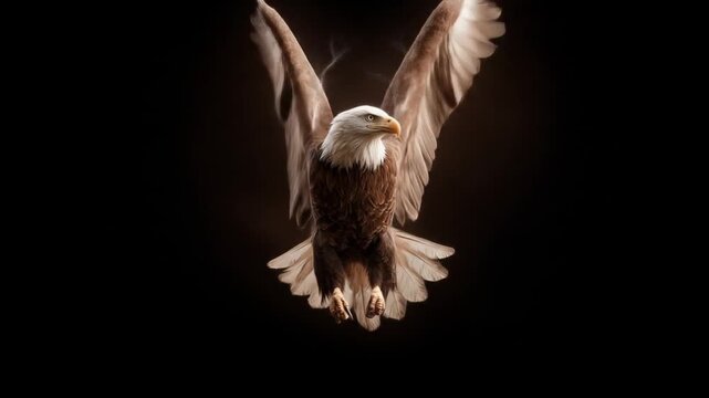 Bald eagle glides with outstretched wings against a dark, empty backdrop, talons ready and poised!!!
