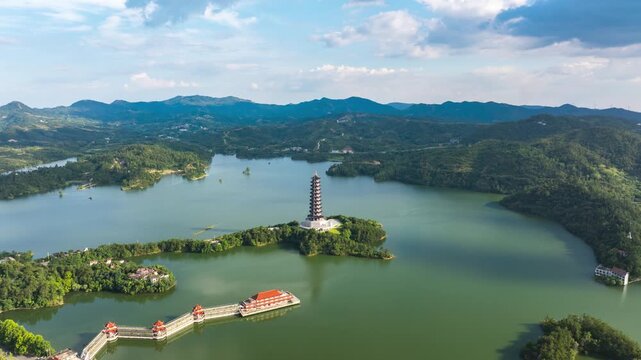 The Chinese style pagoda in the lake