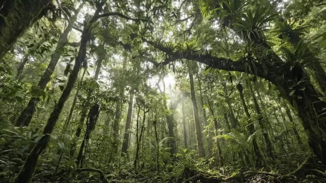 Immerse yourself in the breathtaking beauty of a lush, vibrant forest, where dramatic sunlight pierces through the dense canopy. This enchanting scene showcases towering, ancient trees adorned with ri