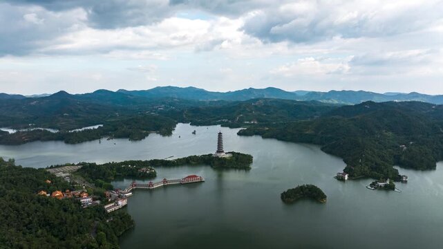The Chinese style pagoda in the lake