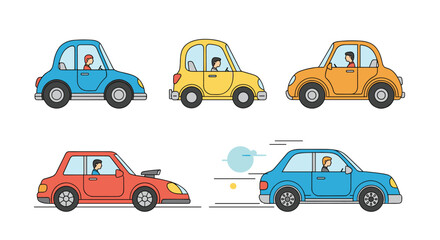Obraz premium Collection of five colorful and cute cartoon cars, including various models and a fast sports car, isolated on a white background.