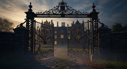 Ornate wrought iron gates open to a grand manor house
