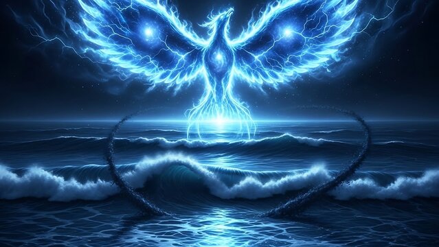 Mythical glowing blue phoenix rising from water.